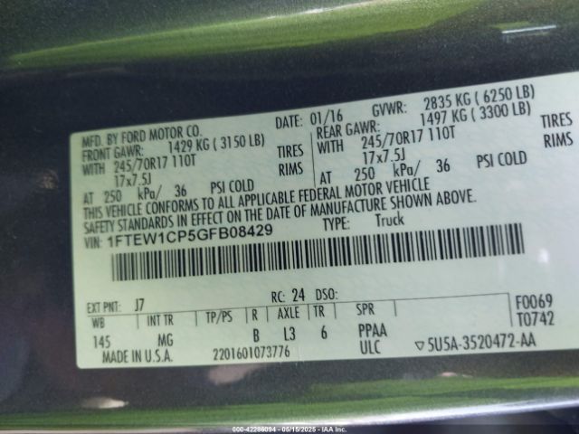 1FTEW1CP5GFB08429 Ford F-150 Xlt