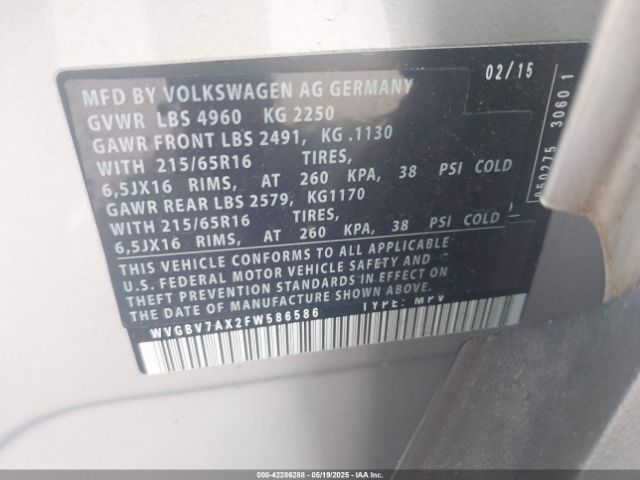 WVGBV7AX2FW586586 Volkswagen TIGUAN S