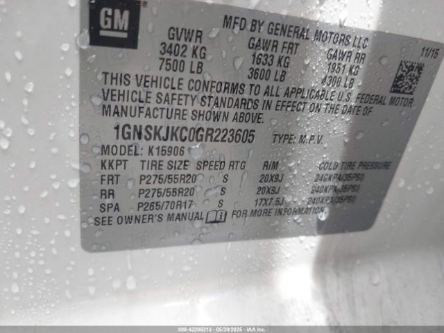 2016 CHEVROLET SUBURBAN 1GNSKJKC0GR223605 Photo 8