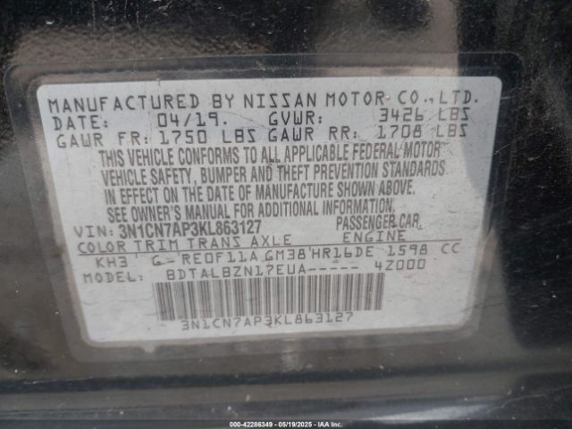 2019 NISSAN VERSA 3N1CN7AP3KL863127 Photo 8