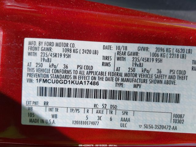 1FMCU0GD1KUA17486 Ford 1.5l gtdi sigma w/premium fuel