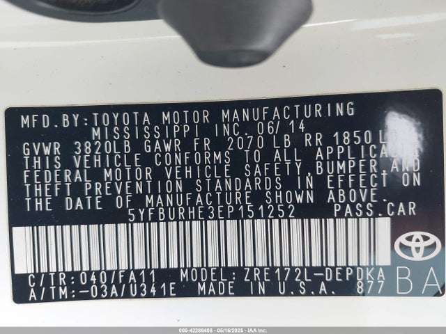 5YFBURHE3EP151252 Toyota COROLLA L