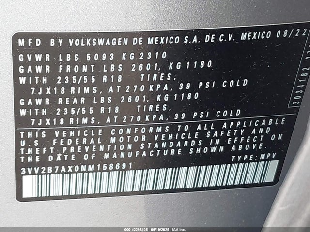 3VV2B7AX0NM158691 Volkswagen Tiguan 2.0t Se