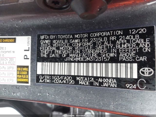JTND4MBE2M3123157 Toyota COROLLA SE