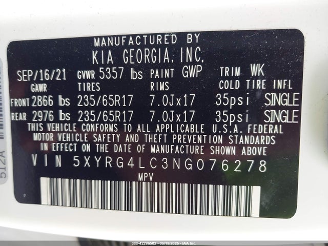 5XYRG4LC3NG076278 KIA SORENTO LX