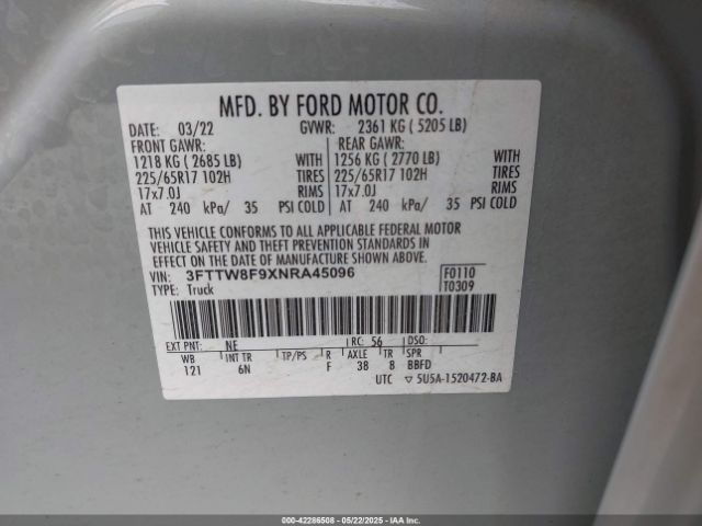 3FTTW8F9XNRA45096 Ford ecoboost