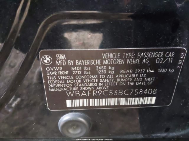 2011 BMW 550I WBAFR9C53BC758408 Photo 8
