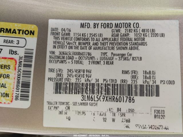 3LN6L5C9XHR601786 Lincoln MKZ SELECT