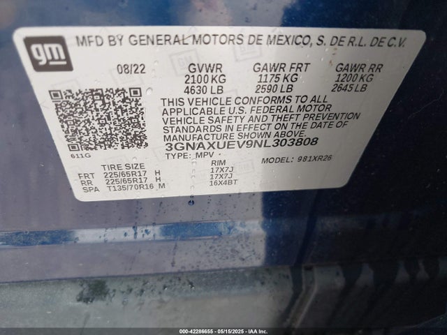3GNAXUEV9NL303808 Chevrolet Equinox Awd Lt