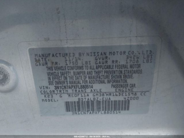 3N1CN7APXFL880514 Nissan Versa 1.6 Sv