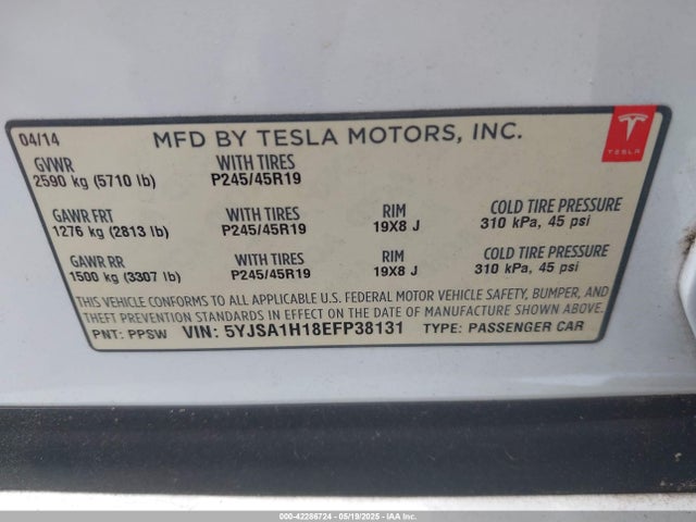 2014 TESLA MODEL S 5YJSA1H18EFP38131 Photo 8