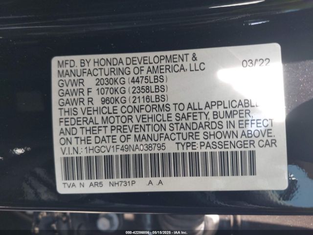 1HGCV1F49NA038795 Honda Accord Sport Se