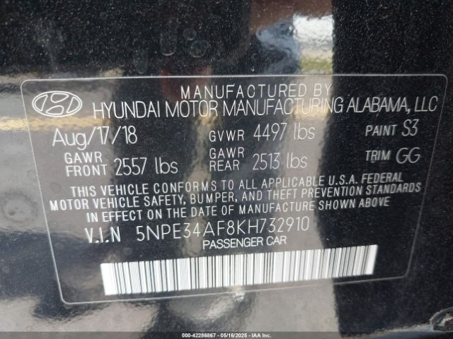 5NPE34AF8KH732910 Hyundai Sonata Limited