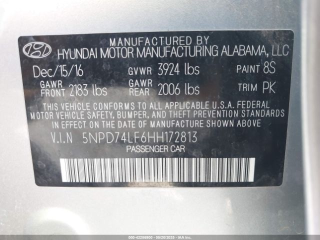 5NPD74LF6HH172813 Hyundai ELANTRA SE