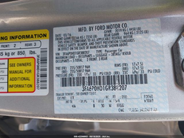 3FA6P0HD1GR388207 Ford FUSION SE