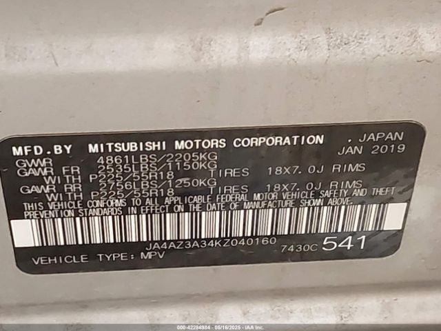 2019 MITSUBISHI OUTLANDER JA4AZ3A34KZ040160 Photo 8