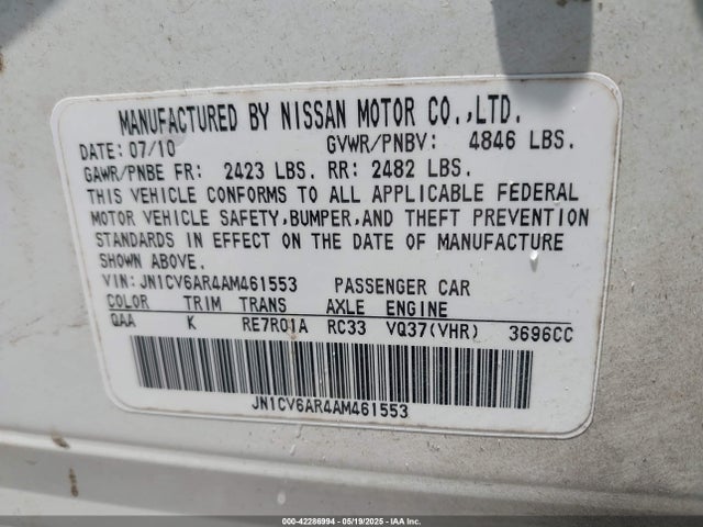 2010 Infiniti G37x მანქანა იყიდება აუქციონზე, vin: JN1CV6AR4AM461553, აუქციონის ნომერი: 42286994