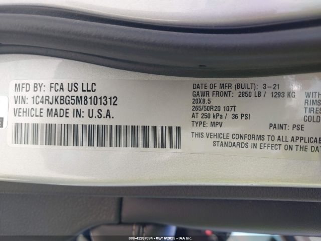 1C4RJKBG5M8101312 Jeep Grand Cherokee L Limited 4x4