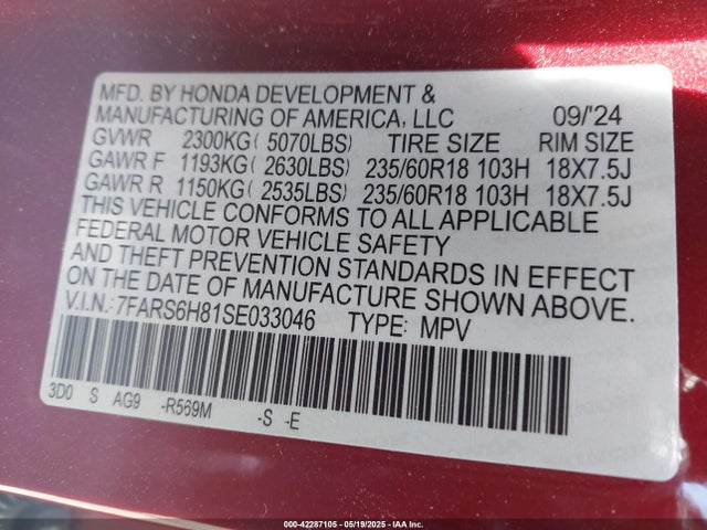 7FARS6H81SE033046 Honda lfc3
