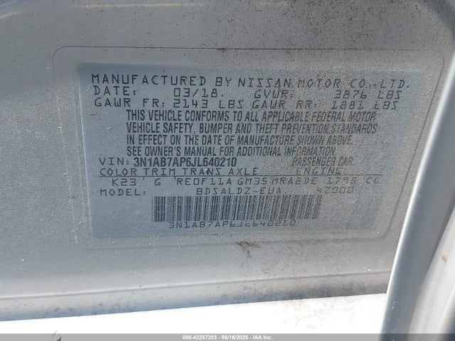 Nissan SENTRA SV 2018 3N1AB7AP6JL640210 Image 9