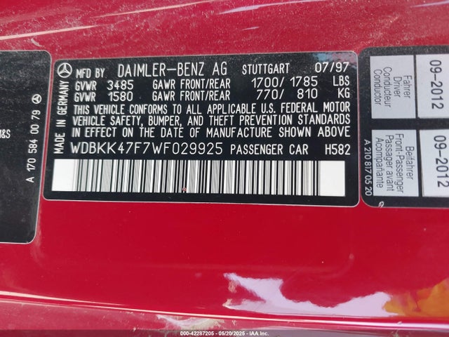 Продажа на аукционе авто 1998 Mercedes-benz Slk 230, vin: WDBKK47F7WF029925, номер лота: 42287205