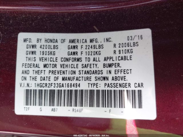 1HGCR2F33GA168494 Honda ACCORD LX