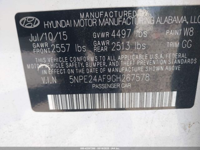 5NPE24AF9GH267578 Hyundai SONATA SE