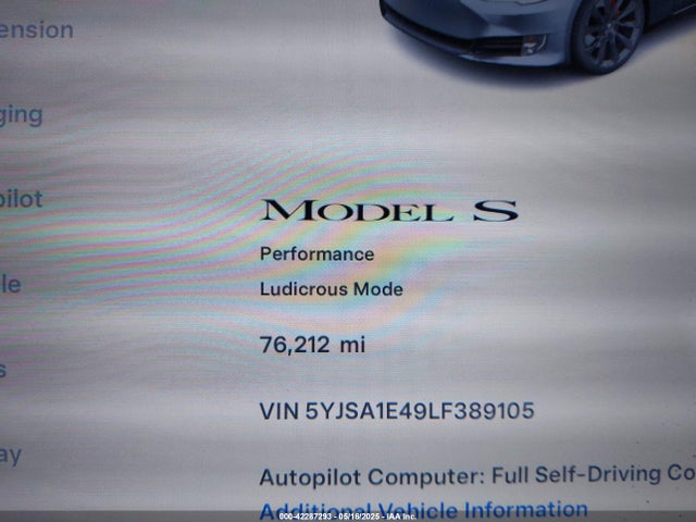 Aukcja sprzedaży 2020 Tesla Model S Performance Dual Motor All-wheel Drive, vin: 5YJSA1E49LF389105, numer aukcji: 42287293