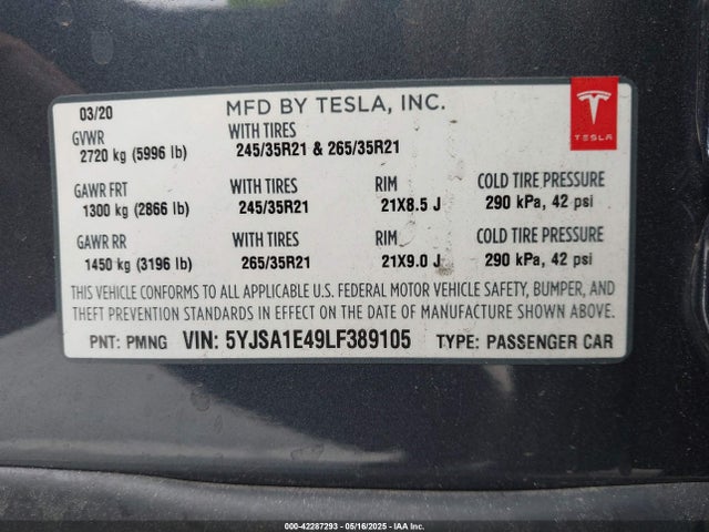 Aukcja sprzedaży 2020 Tesla Model S Performance Dual Motor All-wheel Drive, vin: 5YJSA1E49LF389105, numer aukcji: 42287293