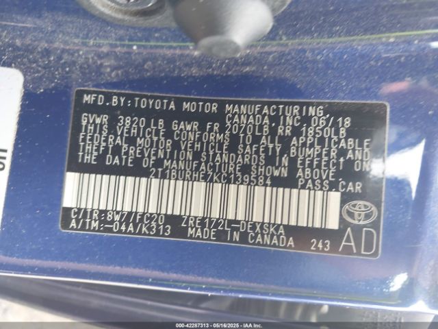 2T1BURHE7KC139584 Toyota COROLLA SE