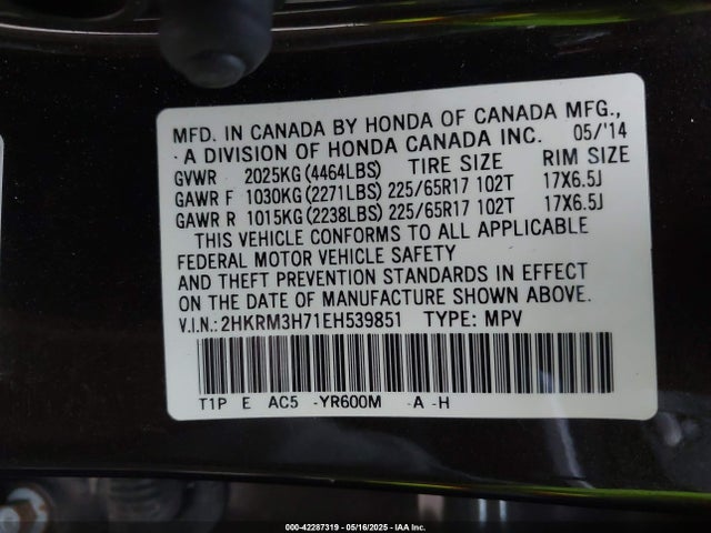 2HKRM3H71EH539851 Honda k24z7