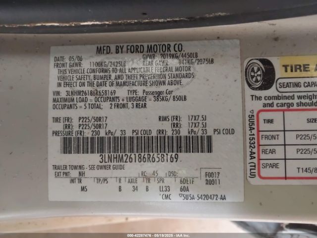 2006 LINCOLN ZEPHYR 3LNHM26186R658169 Photo 8
