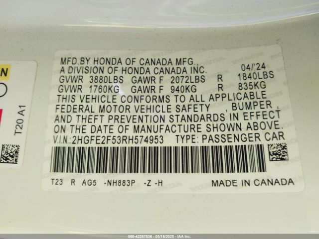 2024 HONDA CIVIC 2HGFE2F53RH574953 Photo 8