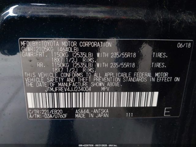 JTMJFREV4JJ234004 Toyota RAV4 SE