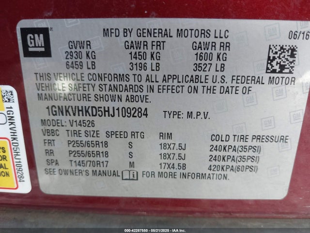 1GNKVHKD5HJ109284 Chevrolet Traverse 2lt