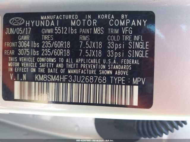 KM8SM4HF3JU268768 Hyundai Santa Fe Se