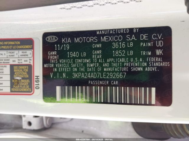 3KPA24AD7LE292667 KIA RIO S