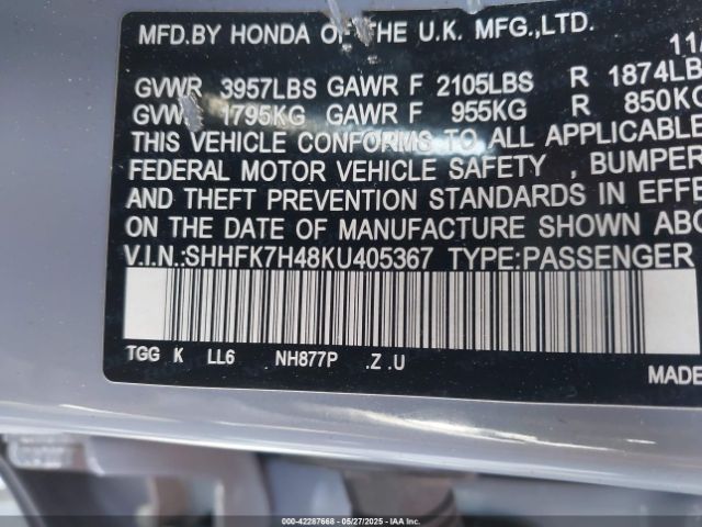 SHHFK7H48KU405367 Honda Civic Sport