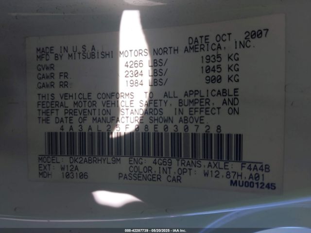 2008 MITSUBISHI ECLIPSE SPYDER 4A3AL25F08E030728 Photo 8