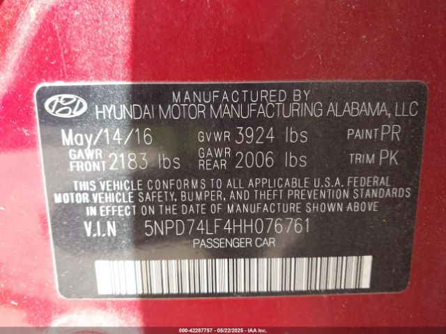 5NPD74LF4HH076761 Hyundai ELANTRA SE