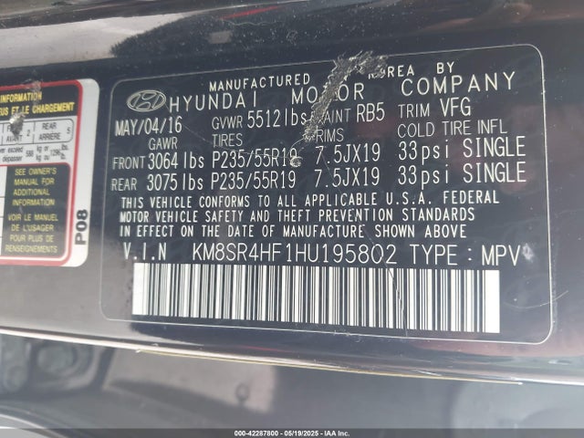 KM8SR4HF1HU195802 Hyundai Santa Fe Se Ultimate