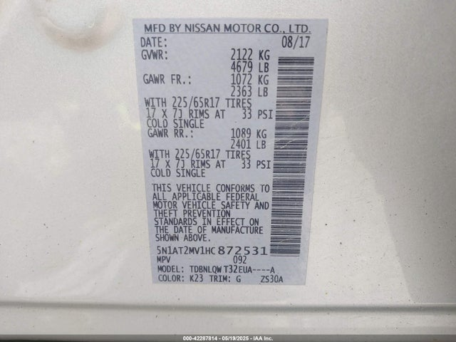 5N1AT2MV1HC872531 Nissan ROGUE SV
