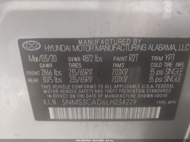 5NMS3CAD6LH234229 Hyundai Santa Fe Sel