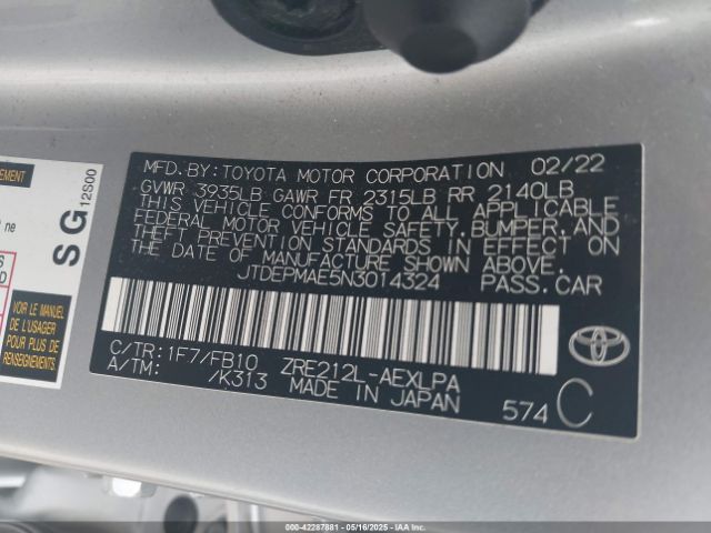 JTDEPMAE5N3014324 Toyota COROLLA LE