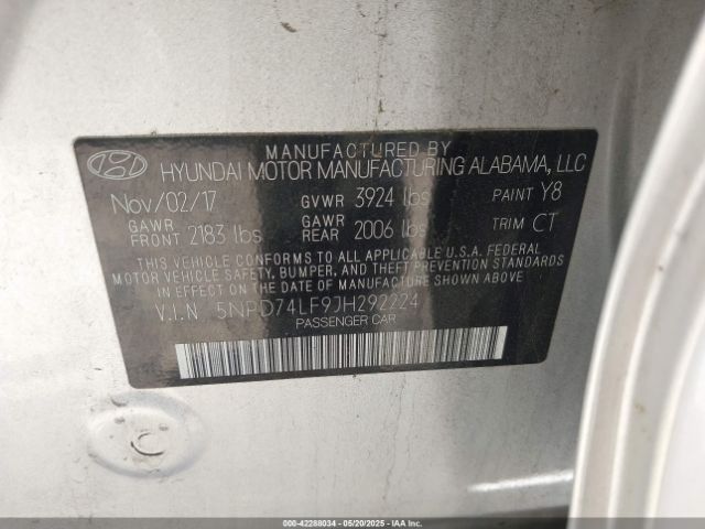5NPD74LF9JH292224 Hyundai ELANTRA SE