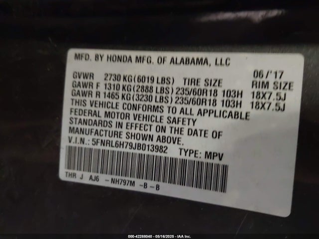 5FNRL6H79JB013982 Honda Odyssey Ex-l