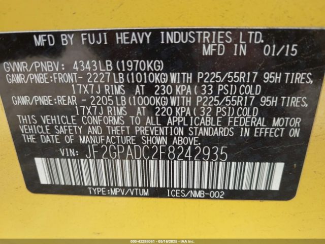 JF2GPADC2F8242935 Subaru Xv Crosstrek 2.0i Premium