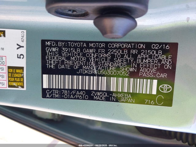JTDKBRFU5G3007052 Toyota 2zr-fxe,1nm