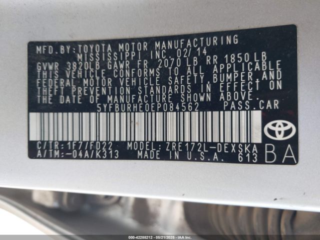 5YFBURHE0EP084562 Toyota 2zr-fe
