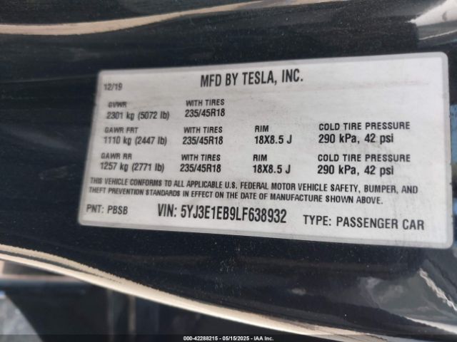 5YJ3E1EB9LF638932 Tesla Model 3 Long Range Dual Motor All-wheel Drive